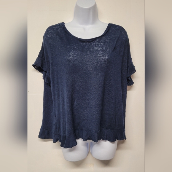 Eri + Ali Blue Boxy Top M Semi Sheer Back Crisscross Ruffled Trim - Picture 1 of 4